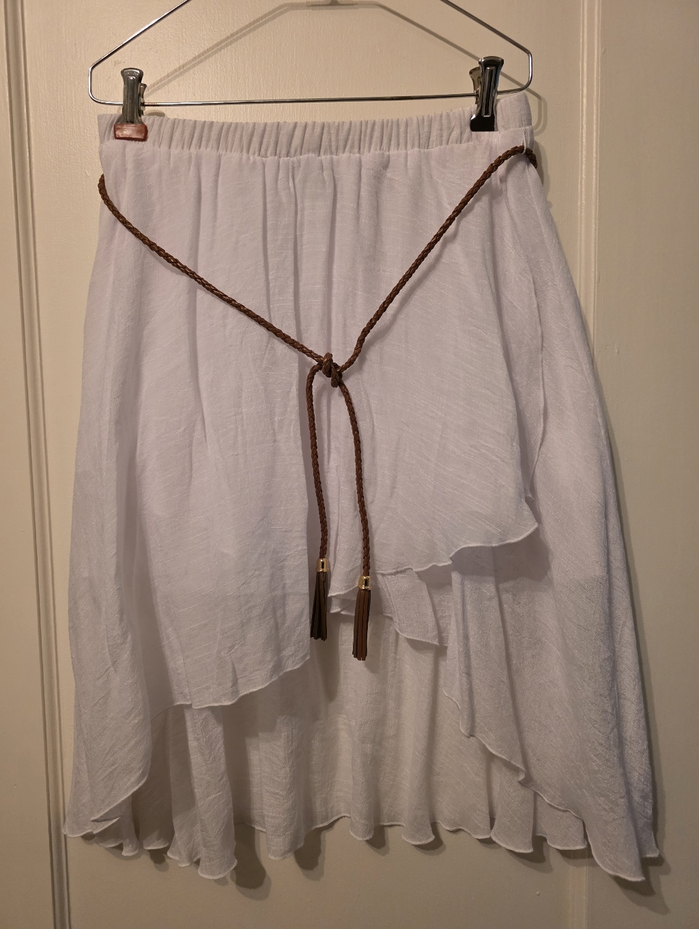 BCX White Gauze Midi Skirt Braided Belt Lined Large Macy's NWOT